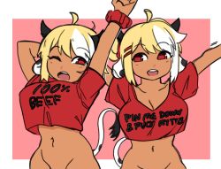  1girl bottomless breasts cleavage clothes_writing cow_horns cow_tail english_text fuck-me_shirt highres horns meme_attire multiple_views navel out-of-frame_censoring standing tagme tail zanamaoria  rating:Sensitive score:122 user:Vurk