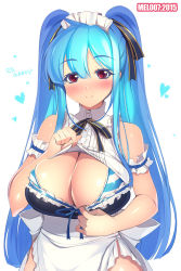  1girl apron arm_garter bare_shoulders bikini bikini_top_only blue_hair blush breasts cleavage cleavage_cutout clothing_cutout curvy hair_ribbon heart large_breasts long_hair looking_at_viewer maid_headdress mel/a melmaid no_panties original red_eyes ribbon smile solo striped_bikini striped_clothes swimsuit twintails waist_apron wide_hips  rating:Sensitive score:63 user:danbooru