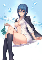  00s 1girl black_socks blazer blue_eyes blue_hair blush bottomless bow bowtie breasts buttons ciel_(tsukihime) cleavage collared_shirt crossed_legs dress_shirt glasses hair_between_eyes holding jacket kneehighs light_smile looking_at_viewer matching_hair/eyes nidy no_bra no_panties open_clothes open_jacket open_shirt ribbon shirt short_hair sitting sleeves_rolled_up smile socks solo tsukihime unbuttoned white_shirt  rating:Questionable score:45 user:danbooru