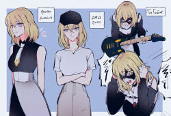  1girl bang_dream! bang_dream!_it&#039;s_mygo!!!!! black_dress black_hat black_mask black_shirt blonde_hair blue_background blush border closed_mouth clothing_cutout commentary crossed_arms domino_mask dress electric_guitar grey_skirt guitar hat highres holding holding_guitar holding_instrument instrument looking_at_viewer mask maybecrosswise medium_hair misumi_uika multiple_views necktie notice_lines open_mouth purple_eyes shirt short_sleeves shoulder_cutout shouting simple_background skirt sleeveless sleeveless_shirt smile thai_text translation_request white_border white_necktie white_shirt 