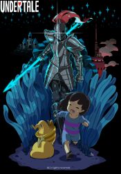  1girl 1other =_= absurdres androgynous armor black_background black_hair breastplate brown_footwear castle cel_shading chasing child clenched_hand closed_eyes cloud commentary copyright_name covered_face faceplant faulds frisk_(undertale) full_armor full_body gauntlets glint greaves helm helmet highres holding holding_polearm holding_weapon kamezaemon monster_kid_(undertale) open_mouth outdoors pauldrons polearm romper running shoes short_hair shoulder_armor simple_background sparkle spear sweat tripping undertale undyne weapon 