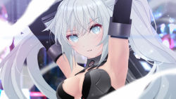  armpits bare_shoulders black_heart_(neptunia) bodysuit breasts cleavage green_eyes highres long_hair medium_breasts neptune_(series) noire_(neptunia) smile stretching tsundere twintails upper_body very_long_hair white_hair  rating:General score:8 user:CakeLord62
