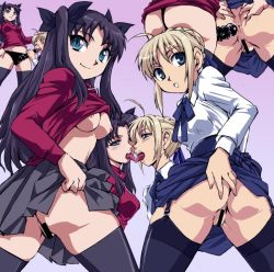  2girls :o ahoge alternate_legwear anus artoria_pendragon_(all) artoria_pendragon_(fate) ass bad_id bad_pixiv_id bar_censor black_legwear blonde_hair blouse blue_eyes breasts censored clothes_lift dildo fate/stay_night fate_(series) from_behind garter_straps imminent_anal imminent_penetration kamisimo_90 kiss licking lifted_by_self looking_back medium_breasts multiple_girls no_panties no_pants open_mouth oral pussy saber_(fate) sex_toy shirt skirt skirt_lift smile spread_anus strap-on thighhighs tohsaka_rin tongue yuri  rating:Explicit score:182 user:danbooru