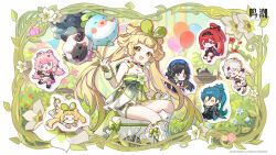  1girl :d absurdres animal_balloon artist_request black_bow black_choker black_hair blonde_hair blue_hat boots border bow bow_hairband candy chibi chibi_inset chinese_commentary chinese_hairpin choker closed_eyes commentary_request cross-shaped_pupils dress encore_(wuthering_waves) facial_mark feet_out_of_frame fingerless_gloves flower food forehead_mark gloves green_bow green_dress green_eyes green_hair green_hairband grey_eyes hair_ornament hairband hairclip hand_up hat highres holding holding_string jiyan_(wuthering_waves) knee_boots lingyang_(wuthering_waves) lollipop long_hair looking_at_viewer low_twintails official_art open_mouth ornate_border pink_bow pink_hair plant ponytail potted_plant purple_eyes red_hair shorts sleeveless sleeveless_dress smile solo spaghetti_strap string swirl_lollipop symbol-shaped_pupils tacet_mark_(wuthering_waves) twintails verina_(wuthering_waves) vines white_flower white_footwear white_gloves white_hair white_shorts wuthering_waves yangyang_(wuthering_waves) yellow_eyes yinlin_(wuthering_waves) 