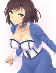  1girl aqua_eyes bioshock_(series) bioshock_infinite blue_eyes breasts brooch brown_hair choker cleavage coin corset cropped_jacket dress elizabeth_(bioshock_infinite) female_focus holding jacket jewelry large_breasts looking_at_viewer necklace short_hair smile solo strapless strapless_dress terumin_(yuganda_sebone)  rating:Questionable score:109 user:twilight_jester