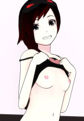  1girl 3d breasts camisole clothes_lift flashing grey_eyes happy highres lvl3toaster navel nipples no_bra pajamas ruby_rose rwby shirt_lift smile  rating:Questionable score:252 user:bobjohnson