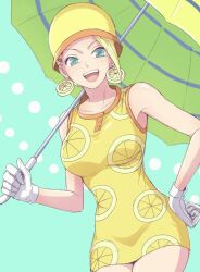  0aoiurn0 1girl blonde_hair commentary cowboy_shot dress earrings food-themed_earrings food_themed_earrings gloves green_hair hand_on_own_hip hat holding holding_umbrella jewelry lemon_earrings lemon_print light_blue_background looking_at_viewer miss_valentine one_piece short_dress sleeveless sleeveless_dress solo teeth umbrella upper_teeth_only white_gloves yellow_dress yellow_hat 