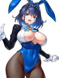  1girl alternate_costume animal_ears black_pantyhose black_sleeves blue_bow blue_bowtie blue_eyes blue_hair blue_leotard blush bow bowtie breasts chain chain_headband choker cleavage cleavage_cutout clothing_cutout collarbone collared_leotard colored_inner_hair commentary covered_navel earrings english_commentary fake_animal_ears fang fanged_bangs gloves gluteal_fold hair_between_eyes hair_intakes hair_ornament heart-shaped_gem highleg highleg_leotard highres hololive hololive_english jacket jewelry large_breasts leotard long_sleeves looking_at_viewer multicolored_hair open_mouth ouro_kronii pantyhose playboy_bunny rabbit_ears rabbit_tail ribbon_earrings short_hair simple_background skin_fang skylock smile solo tail thighs virtual_youtuber white_background white_gloves wrist_cuffs 