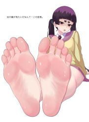 1girl absurdres ao_no_exorcist bare_legs barefoot close-up disgust feet foot_focus foreshortening highres kamiki_izumo kere_domo legs long_hair looking_at_viewer short_eyebrows sitting soles solo toes rating:Sensitive score:107 user:ssfl