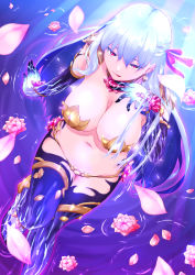  1girl absurdres armlet armor bikini_armor blue_hair blush breasts cleavage collar earrings falling_petals fate/grand_order fate_(series) flower hair_ribbon highres jewelry kama_(fate) kama_(third_ascension)_(fate) large_breasts long_hair looking_at_viewer lotus metal_collar multicolored_hair navel niwatazumi petals petals_on_liquid red_eyes ribbon ripples sitting smile solo thighlet thighs tongue tongue_out two-tone_hair water wet white_hair 