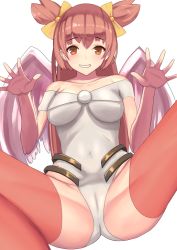  1girl akura_(arc_the_lad) arc_the_lad arc_the_lad_ii blush breasts brown_eyes cameltoe choko_(arc_the_lad) commentary_request covered_navel hair_ribbon leotard long_hair looking_at_viewer older open_mouth red_hair ribbon short_twintails simple_background smile solo tomoki_(omaenoie) twintails white_background wings 