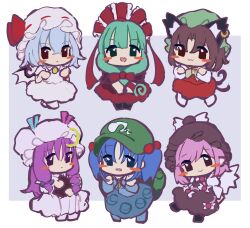  6+girls :&gt; :3 :d animal_ear_piercing animal_ears backpack bag blue_eyes blue_hair blue_shirt blue_sky brown_dress brown_hair brown_hat cat_ears cat_girl cat_tail chen chibi crescent crescent_hat_ornament dress earrings flat_cap front_ponytail full_body green_eyes green_hair green_hat grey_background hair_bobbles hair_ornament hair_ribbon hat hat_ornament hat_ribbon highres jewelry kagiyama_hina kawashiro_nitori mob_cap mugi_(mugimugi_9kv) multiple_girls mystia_lorelei open_mouth patchouli_knowledge pink_hair purple_hair red_eyes red_ribbon red_shirt red_skirt remilia_scarlet ribbon shirt short_hair sidelocks single_earring skirt sky smile tail touhou two_side_up white_dress white_hat winged_hat 