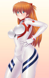 1girl alternate_breast_size blue_eyes blush bodysuit breasts curvy evangelion:_3.0+1.0_thrice_upon_a_time gradient_hair hand_on_own_hip highres large_breasts long_hair looking_at_viewer multicolored_hair neon_genesis_evangelion orange_hair pixiv1478062 plugsuit rebuild_of_evangelion shiny_clothes shiny_skin simple_background skin_tight smile solo souryuu_asuka_langley standing thick_thighs thighs twintails white_bodysuit wide_hips rating:Sensitive score:8 user:fakyuh