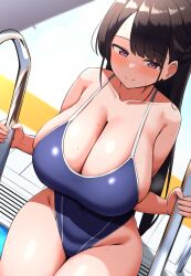  1girl black_hair blue_one-piece_swimsuit breasts cleavage closed_mouth collarbone commentary_request highleg highleg_swimsuit highres huge_breasts large_breasts long_hair mole mole_on_breast one-piece_swimsuit original poolside purple_eyes pyooon_pyooon revision sideboob smile solo swimsuit  rating:Sensitive score:59 user:danbooru