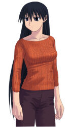  1girl arms_at_sides azuma_kiyohiko azumanga_daiou bad_id black_hair blue_eyes border brown_pants casual collarbone cover cover_page expressionless hair_between_eyes long_hair long_sleeves looking_afar looking_to_the_side manga_cover official_art orange_sweater pants ribbed_sweater sakaki_(azumanga_daioh) simple_background solo sweater tankoubon_cover very_long_hair white_background white_border 