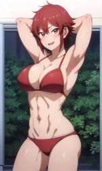  1girl abs aizawa_tomo armpits arms_behind_head bikini blush breasts cleavage highres large_breasts midriff navel panties red_bikini red_eyes red_hair red_panties short_hair solo stomach swimsuit thighs tomboy tomo-chan_wa_onna_no_ko toned underwear  rating:Questionable score:152 user:iliketomboys