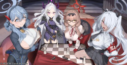  4girls adjusting_clothes adjusting_gloves ahoge aiguillette ako_(blue_archive) armband bell black_gloves black_skirt blue_archive blue_coat blue_eyes blue_gloves blue_hair blue_jacket blush breasts buttons chess_piece chessboard chinatsu_(blue_archive) clipboard coat coat_on_shoulders collar collared_shirt cowbell dark-skinned_female dark_skin demon_tail double-breasted dress_shirt forehead fur-trimmed_coat fur_trim glasses gloves grey_hair gun hair_between_eyes hair_ornament hair_over_one_eye hair_ribbon hairband hairclip half_gloves halo handgun high-waist_skirt highres hina_(blue_archive) horns iori_(blue_archive) jacket large_breasts light_brown_hair long_hair long_sleeves looking_at_viewer low_twintails luger_p08 miniskirt multiple_girls multiple_horns necktie official_art pantyhose parted_bangs pencil_skirt pleated_skirt pointy_ears prefect_team_(blue_archive) purple_eyes red_eyes red_gloves red_pantyhose ribbon shirt sideboob skirt small_breasts tail twintails underbust very_long_hair weapon white_hair white_shirt yaman yellow_eyes 