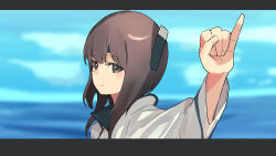  1girl absurdres blue_sky blurry blurry_background brown_eyes brown_hair closed_mouth day hair_between_eyes hato_kan headgear highres kantai_collection letterboxed looking_at_viewer ocean outdoors pinky_out sky solo taihou_(kancolle) upper_body water 
