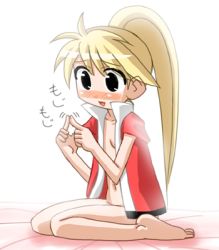  aftersex barefoot blonde_hair blush bottomless copo_deluxe creatures_(company) game_freak jacket loli lowres nintendo pokemon pokemon_adventures ponytail yellow_(pokemon)  rating:Questionable score:33 user:theuserr