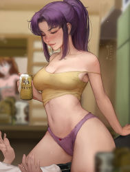  1boy 2girls age_difference alcohol assertive_female beer beer_can blurry blurry_background blush breasts camisole can casual cleavage commentary cowgirl_position curvy depth_of_field drink_can drunk english_commentary fantasy girl_on_top highleg highleg_panties holding holding_can ikari_shinji katsuragi_misato kittew lips long_hair looking_down medium_breasts midriff mole mole_on_breast mole_on_shoulder mole_on_stomach multiple_girls multiple_moles naughty_face navel neon_genesis_evangelion no_bra no_pants nose nose_blush panties ponytail purple_hair purple_panties school_uniform sexually_suggestive sidelocks sitting sitting_on_person solo_focus souryuu_asuka_langley stomach straddling strap_gap strap_slip sweat teasing underwear  rating:Questionable score:1108 user:danbooru