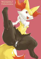 1girl aftersex animal_ears animal_hands blush braixen breasts creatures_(company) cum cum_in_pussy english_text fang feet female_focus fox_ears fox_tail from_below furry furry_female game_freak gen_6_pokemon karasumareko leg_lift looking_at_viewer looking_down nintendo nipples open_mouth pink_background pokemon pokemon_(creature) pokemon_xy pussy red_eyes simple_background small_breasts smile solo spread_legs tail tears teeth text_focus uncensored