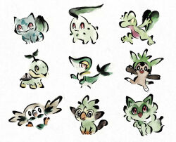  &gt;:( :&gt; :d animal_focus bird bulbasaur chespin chikorita colored_sclera creatures_(company) game_freak gen_1_pokemon gen_2_pokemon gen_3_pokemon gen_4_pokemon gen_5_pokemon gen_6_pokemon gen_7_pokemon gen_8_pokemon grookey highres leaf metikyun monkey nintendo no_humans open_mouth owl pokemon pokemon_(creature) red_eyes rowlet slit_pupils smile snivy sprigatito standing trait_connection treecko turtle turtwig v-shaped_eyebrows white_background yellow_sclera 