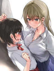 2girls asymmetrical_docking black_hair black_skirt blush bow bowtie breast_press breasts brown_eyes cleavage closed_mouth collarbone collared_shirt commentary_request dress_shirt embarrassed green_eyes green_hair grey_legwear kabedon konbu_wakame large_breasts long_hair mole multiple_girls nose_blush original pleated_skirt profile red_bow red_neckwear red_skirt school_uniform shirt short_hair short_sleeves simple_background skirt small_breasts smile sweat translation_request white_background yuri rating:Sensitive score:48 user:danbooru