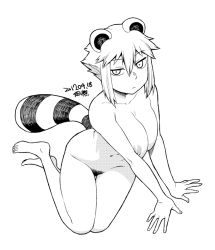 1girl animal_ears araiguma-san breasts_squeezed_together breasts dated expressionless female_pubic_hair flat_expression from_above greyscale hair_between_eyes jitome large_breasts leaning_forward looking_at_viewer looking_up monochrome nipples nude original pubic_hair raccoon_ears raccoon_tail short_hair_with_long_locks signature simple_background sitting solo striped_tail tail timestamp tsukudani_(coke-buta) white_background yokozuwari rating:Questionable score:14 user:danbooru
