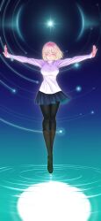  1girl antenna_hair arcueid_brunestud black_pantyhose blonde_hair blue_skirt boots breasts closed_eyes floating floating_clothes floating_hair full_body full_moon glitter glowing highres jewelry knee_boots large_breasts light_particles loannes miniskirt moon necklace outstretched_arms pantyhose reflection reflective_water ripples skirt solo standing star_(sky) sweater tsukihime tsukihime_(remake) turtleneck water white_sweater  rating:General score:8 user:danbooru