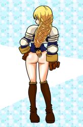  1girl agrias_oaks armor ass back boots brown_footwear brown_gloves final_fantasy final_fantasy_tactics full_body gloves hand_on_own_hip handsome_wataru long_hair no_pants shoulder_armor simple_background solo 