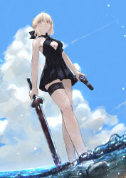  1girl artoria_pendragon_(alter_swimsuit_rider)_(fate) artoria_pendragon_(alter_swimsuit_rider)_(first_ascension)_(fate) artoria_pendragon_(fate) black_footwear black_ribbon blue_sky braid breasts cleavage_cutout closed_mouth clothing_cutout cloud day dress_swimsuit expressionless fate/grand_order fate_(series) french_braid hair_ribbon highres holding holding_water_gun kdm_(ke_dama) medium_breasts ocean outdoors pale_skin ribbon sandals short_hair sky solo swimsuit toes water water_gun yellow_eyes 