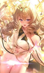  1girl arms_under_breasts blonde_hair blue_eyes blush bottomless breasts cleavage collared_shirt commentary_request covered_pussy cowboy_shot crown_(naked_king)_(nikke) crown_(nikke) disembodied_hand drill_hair goddess_of_victory:_nikke highres huge_breasts light_censor long_hair long_sleeves looking_at_viewer naked_shirt navel official_alternate_costume open_clothes open_mouth open_shirt ruhee shirt smile solo too_many_drills white_shirt 