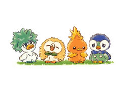  animal_focus bird blue_eyes chicken creatures_(company) curious duck facing_viewer fluffy full_body game_freak gen_3_pokemon gen_4_pokemon gen_7_pokemon grass highres lineup looking_at_viewer looking_up nintendo no_humans opipi_omame owl penguin piplup pokemon pokemon_(creature) quaxly red_eyes rowlet sad simple_background sleeping torchic white_background worried 