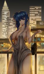  1girl absurdres azur_lane backless_dress backless_outfit bag bare_shoulders black_bag blue_hair breasts cityscape cleavage cocktail_glass commentary cup dress drinking_glass english_commentary evening_gown halter_dress halterneck highres holding holding_bag jewelry large_breasts long_hair looking_at_viewer looking_to_the_side necklace official_alternate_costume outdoors pearl_necklace plunging_neckline purple_eyes revealing_clothes side_ponytail silver_dress sirkku solo st._louis_(azur_lane) st._louis_(luxurious_wheels)_(azur_lane) 