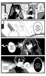 1boy 1girl 4koma ? comic commandant_(punishing:_gray_raven) cook_book cooking english_text glasses greyscale hydraix_choi image_sample looking_at_viewer lucia:_plume_(punishing:_gray_raven) lucia_(punishing:_gray_raven) monochrome pixiv_sample punishing:_gray_raven speech_bubble white_background