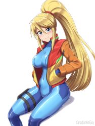  1girl adapted_costume blonde_hair blue_bodysuit blue_eyes blush bodysuit breasts canadiananiguy closed_mouth highres impossible_bodysuit impossible_clothes jacket large_breasts long_hair long_sleeves looking_at_viewer metroid mole mole_under_mouth nintendo open_clothes open_jacket ponytail samus_aran simple_background skin_tight smile solo varia_suit white_background zero_suit 