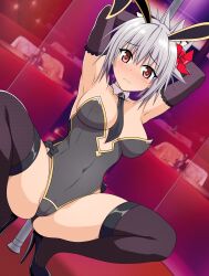  1girl arms_behind_head ayakashi_triangle between_breasts black_gloves black_leotard black_necktie black_thighhighs breasts cameltoe elbow_gloves facing_viewer gloves grey_hair heels high_heels highres kazamaki_matsuri kazamaki_matsuri_(female) leotard looking_at_viewer medium_breasts necktie necktie_between_breasts playboy_bunny pole rabbit_ears red_eyes see-through see-through_leotard squatting stripper_pole thighhighs third-party_edit  rating:Questionable score:17 user:CloperoOverlord