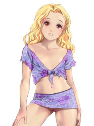  1girl bare_legs blonde_hair blush cleft_of_venus female_focus flat_chest gekkou_(geccomajin) loli looking_at_viewer midriff miniskirt navel no_panties pussy simple_background skirt solo uncensored upskirt wavy_hair white_background  rating:Explicit score:158 user:wait_slabe