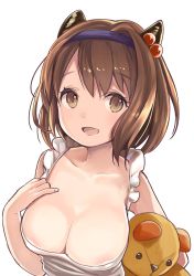 10s 1girl :d amripo apron areola_slip breast_suppress breasts brown_hair cleavage collarbone draph dress frilled_apron frills granblue_fantasy hair_bobbles hair_ornament hairband horns large_breasts looking_at_viewer naked_apron open_mouth short_hair simple_background smile solo stuffed_animal stuffed_toy teddy_bear upper_body white_background yaia_(granblue_fantasy) yellow_eyes rating:Questionable score:64 user:danbooru