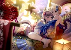2girls animal_ears back bare_shoulders barefoot blue_kimono blunt_bangs blurry blush brown_hair character_name closed_mouth couple depth_of_field feet female_focus fox_ears fox_tail grey_eyes hair_between_eyes hair_ornament hand_fan highres hime_cut hug japanese_clothes kimono lamp leg_up long_hair looking_at_viewer looking_back lying multiple_girls off_shoulder on_stomach parted_bangs pink_kimono pinwheel short_hair silver_hair sitting smile soles tail toes umbrella wariza yuri rating:Sensitive score:14 user:spiderfan