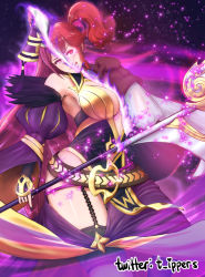  1girl anna_(fire_emblem) armpits asymmetrical_legwear bangs bare_shoulders belt braid breasts cleavage collar curvy detached_sleeves dress feather_trim fire_emblem fire_emblem_heroes garter_belt garter_straps gloves glowing glowing_eye hair_ornament hat holding holding_staff illusion ippers large_breasts licking_lips light_particles light_smile lips loki_(fire_emblem) long_hair looking_at_viewer magic nintendo pink_belt ponytail purple_eyes purple_hair red_eyes red_hair short_hair simple_background solo staff thighhighs thighs tongue tongue_out 