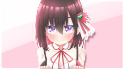  1girl azki_(3rd_costume)_(hololive) azki_(hololive) bare_shoulders black_hair blush blush_stickers breasts cleavage colored_inner_hair detached_collar dress gloves hair_ornament highres hololive looking_at_viewer multicolored_hair nanakun purple_eyes short_hair smile solo virtual_youtuber 