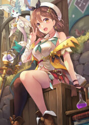 1girl atelier_(series) atelier_ryza atelier_ryza_2 bare_shoulders beret blush boots breasts brown_footwear brown_hair earrings fi_(atelier) goushou hat highres jewelry large_breasts navel outdoors red_shorts reisalin_stout shirt shorts sitting star_(symbol) star_earrings v white_hat white_shirt
