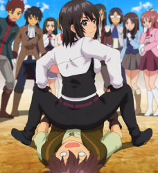  1boy 1girl ass backboob black_hair breasts crowd domination elna_stongs femdom girl_on_top grey_eyes large_breasts looking_back mature_female ore_dake_haireru_kakushi_dungeon pants screencap sitting sitting_on_person smile stitched teacher third-party_edit  rating:Questionable score:58 user:Bikeshorts-senpai