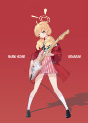  1girl black_footwear blonde_hair blue_archive blush cable character_name closed_mouth full_body halo highres holding holding_instrument instrument jacket long_hair long_sleeves looking_at_viewer low_twintails official_alternate_costume open_clothes open_jacket pink_skirt pleated_skirt ranyu red_background red_jacket shirt shoes simple_background skirt socks solo standing twintails white_shirt white_socks yellow_eyes yellow_halo yoshimi_(band)_(blue_archive) yoshimi_(blue_archive) 