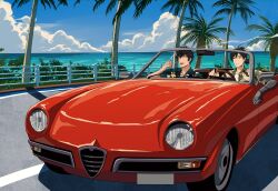  2boys :d black_hair bush car cigarette convertible driving fence floral_print ginoza_nobuchika happy highres holding holding_cigarette kougami_shin&#039;ya male_focus mechanical_arms motor_vehicle multiple_boys ocean open_clothes open_mouth open_shirt outdoors palm_tree ponytail psycho-pass red_car road shirt short_hair single_mechanical_arm smile smoking swept_bangs tree tropical vehicle_request very_short_hair white_shirt wooden_fence yukin_(es) 