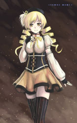  10s 1girl bad_id bad_pixiv_id beret blonde_hair drill_hair face fingerless_gloves gloves hat highres magical_girl mahou_shoujo_madoka_magica mahou_shoujo_madoka_magica_(anime) pas_(paxiti) paxiti puffy_short_sleeves puffy_sleeves short_sleeves skirt solo thighhighs tomoe_mami yellow_eyes 