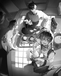  1boy 1girl 1other absurdres ahoge aizendai androgynous bowl braid braided_ponytail chopsticks crimson_codex_(fate) cup eating fate/samurai_remnant fate_(series) fisheye food greyscale hair_intakes hakama highres holding holding_bowl holding_chopsticks holding_cup holding_food indoors japanese_clothes jewelry kimono long_hair looking_at_another looking_at_viewer miyamoto_iori_(fate) monochrome necklace obi ogasawara_kaya open_mouth plate rice rice_bowl sash seiza short_hair sidelocks single_braid sitting smile sweatdrop tatami topknot yamato_takeru_(fate) 