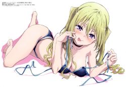  1girl bikini blonde_hair blue_bikini blush breasts feet hanging_breasts large_breasts legs lieselotte_sherlock long_hair looking_at_viewer lying magazine_scan naughty_face navel official_art on_stomach purple_eyes scan smile solo swimsuit teasing the_pose thighs tongue tongue_out topless trinity_seven twintails untied_bikini  rating:Questionable score:61 user:spk