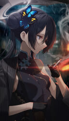 1girl absurdres bare_shoulders black_coat black_dress black_gloves black_hair blue_archive breasts butterfly_hair_ornament china_dress chinese_clothes cigarette coat commentary double_bun dragon_print dress gloves grey_eyes hair_bun hair_ornament half_gloves halo highres holding holding_cigarette kisaki_(blue_archive) kyudong. looking_to_the_side multicolored_hair night rain sleeveless sleeveless_dress small_breasts smoke smoking solo standing striped striped_coat twintails vertical-striped_coat wet rating:General score:17 user:danbooru